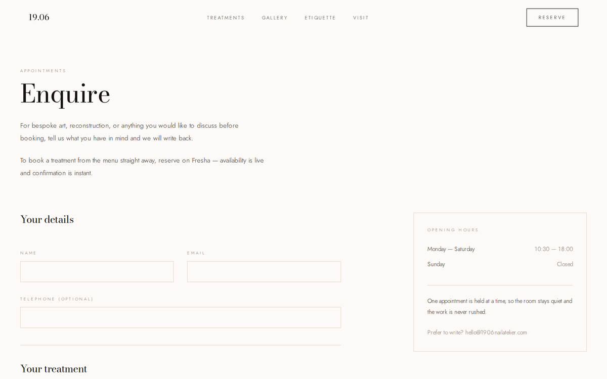 Reservation form page for the studio